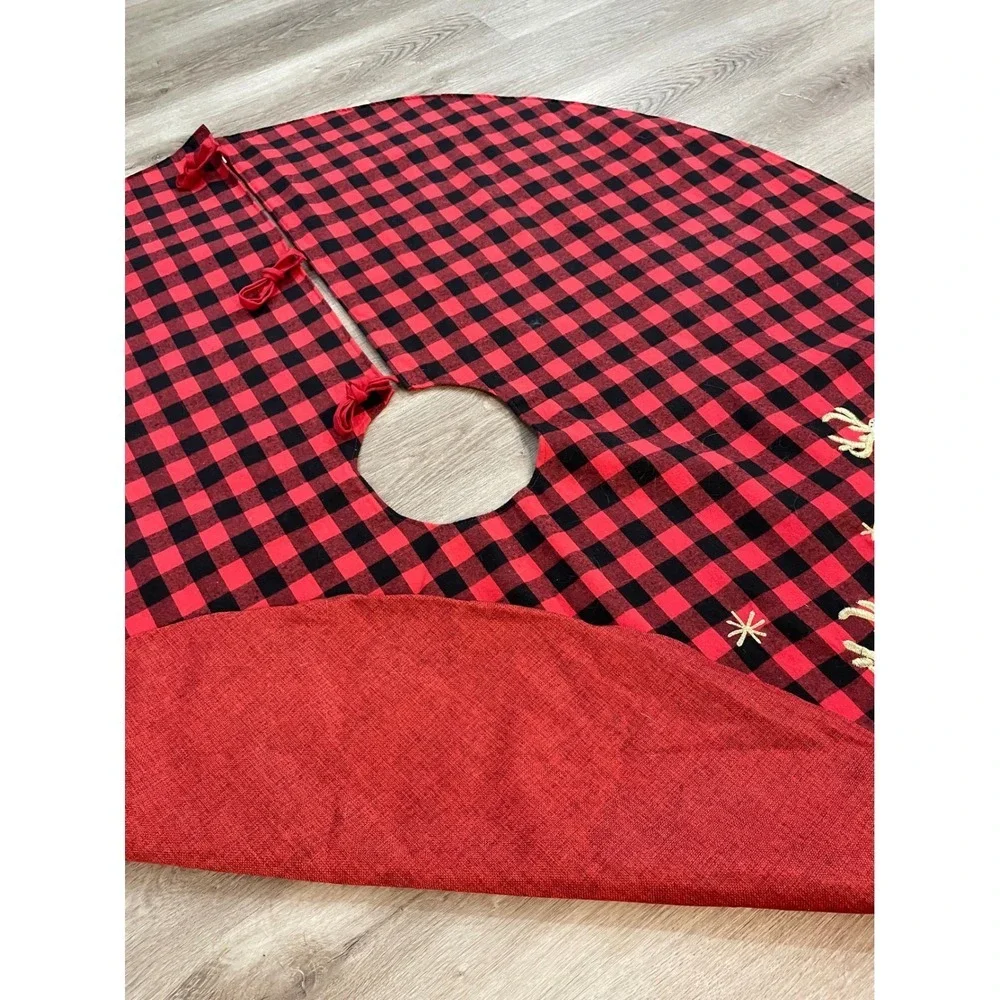 Jingles Joy Red Black Buffalo Plaid‎ Christmas Tree Skirt Santa Sleigh Reindeer